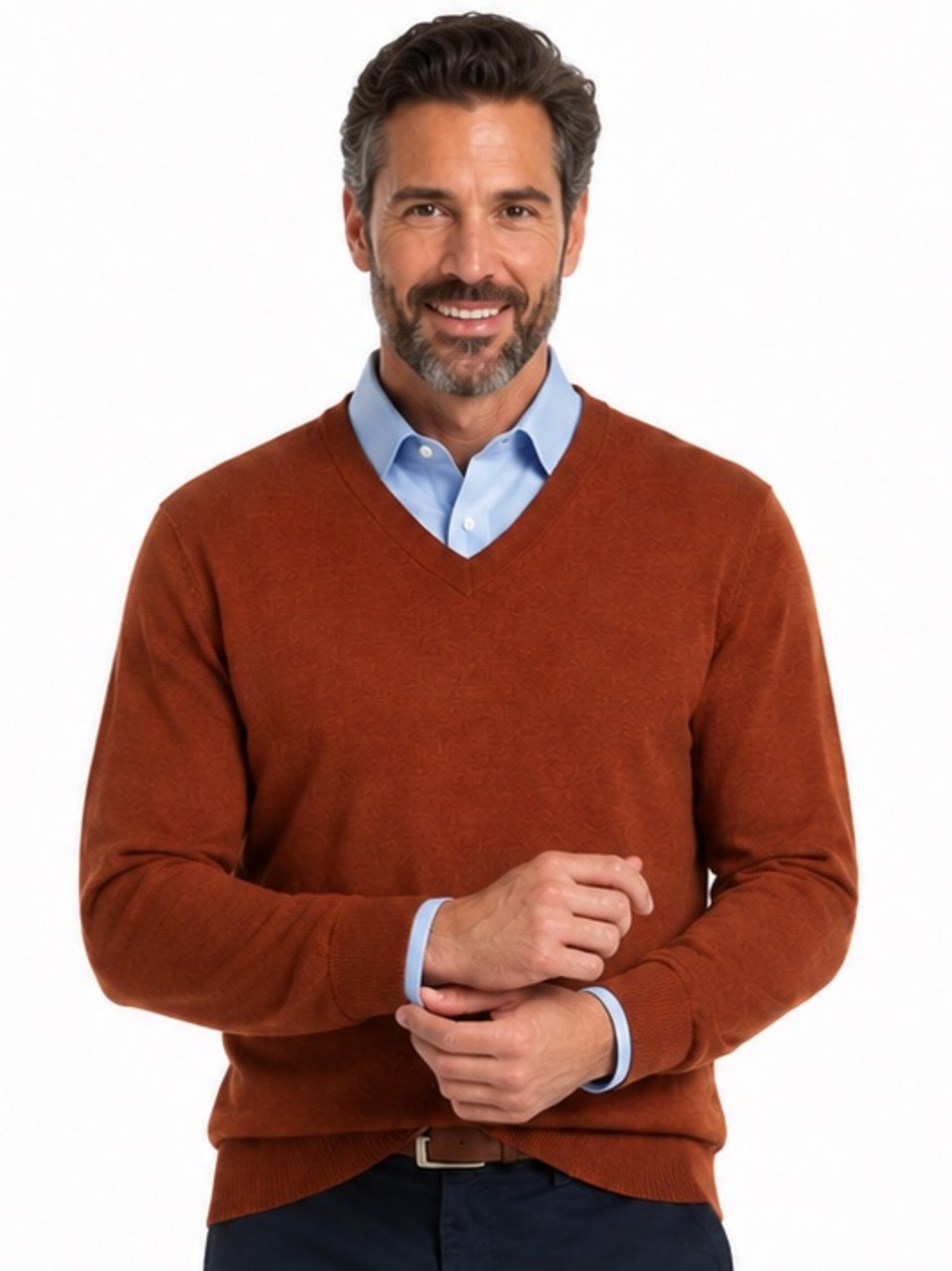 100% Extra Fine Merino Wool V-Neck Sweater Rust Brown Hart Schaffner Marx Sz. XL